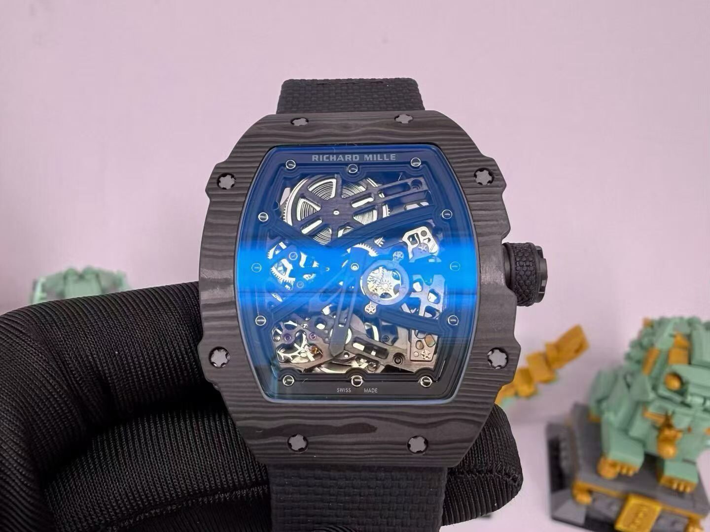 Richard Miller 67-02 pure black carbon fiber, reference-accuratecustomized CRMA7 movement, imported carbon fiber case, black nylon strap — custom-built watch