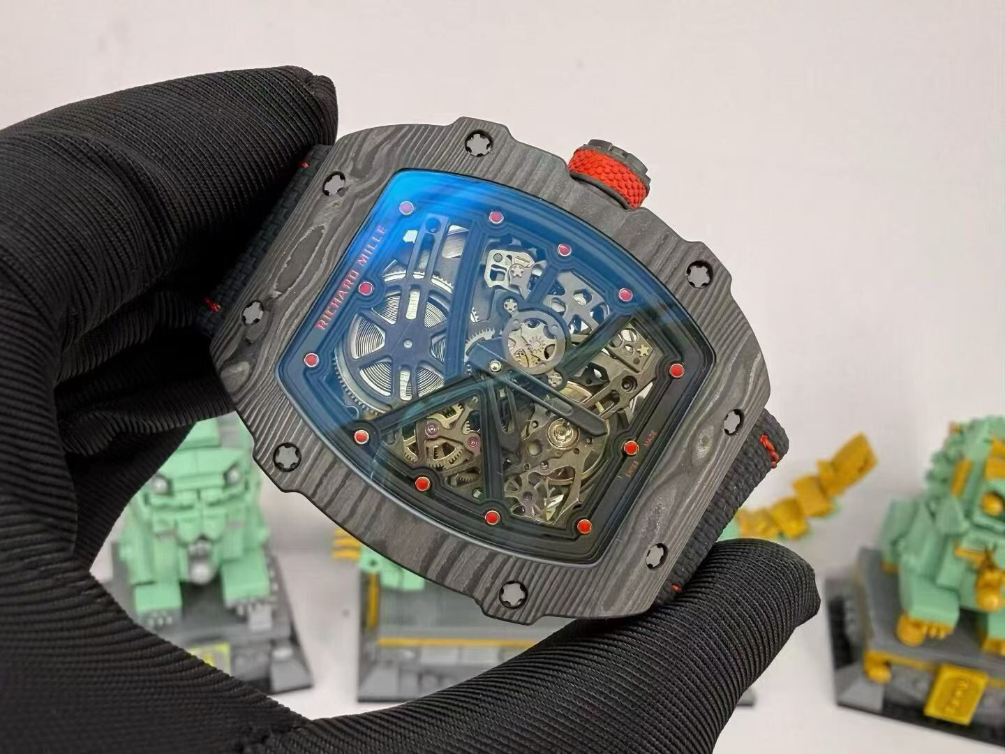 Richard Miller 67-02 black and red color scheme, reference-accuratecustomized CRMA7 movement, red hour markers, imported carbon fiber case, black and red nylon strap — custom-built watch